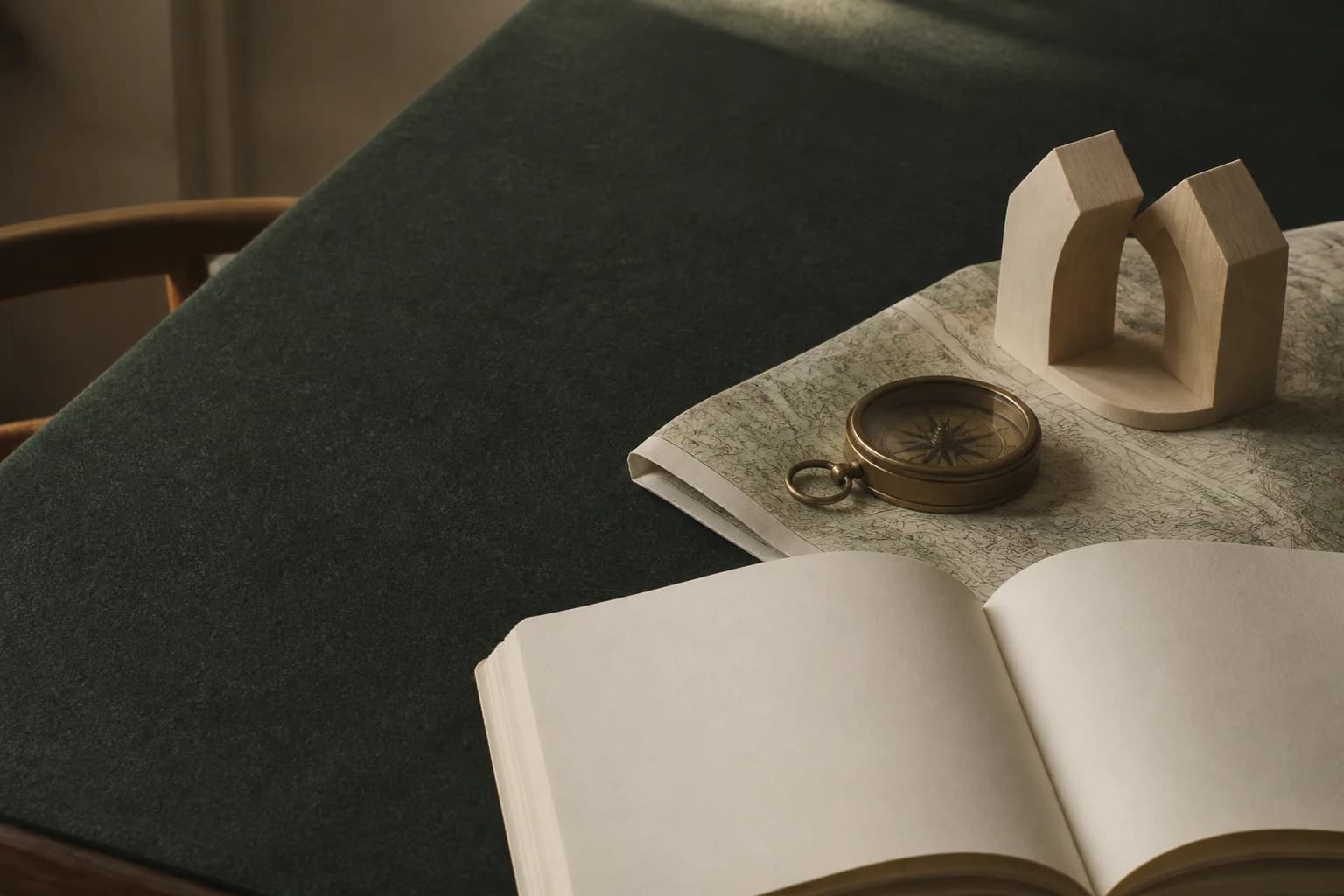 An open notebook and compass arranged for reflective work