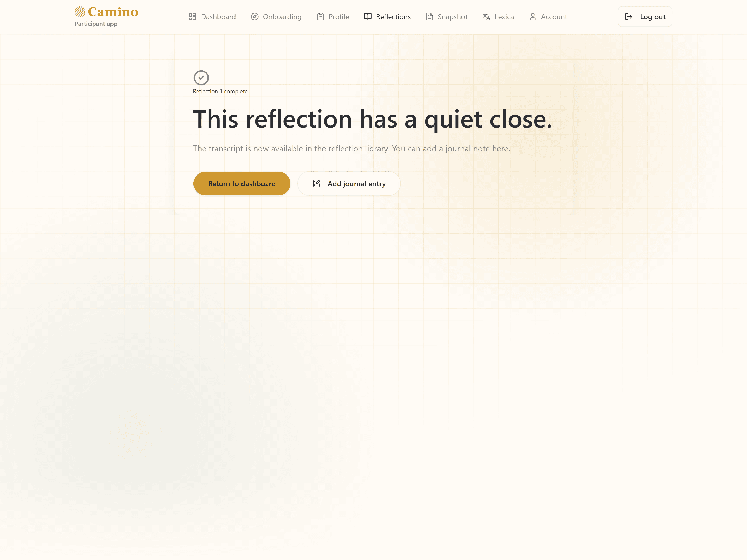 Current Camino Lumen completion screen showing a completed synthetic reflection and return actions