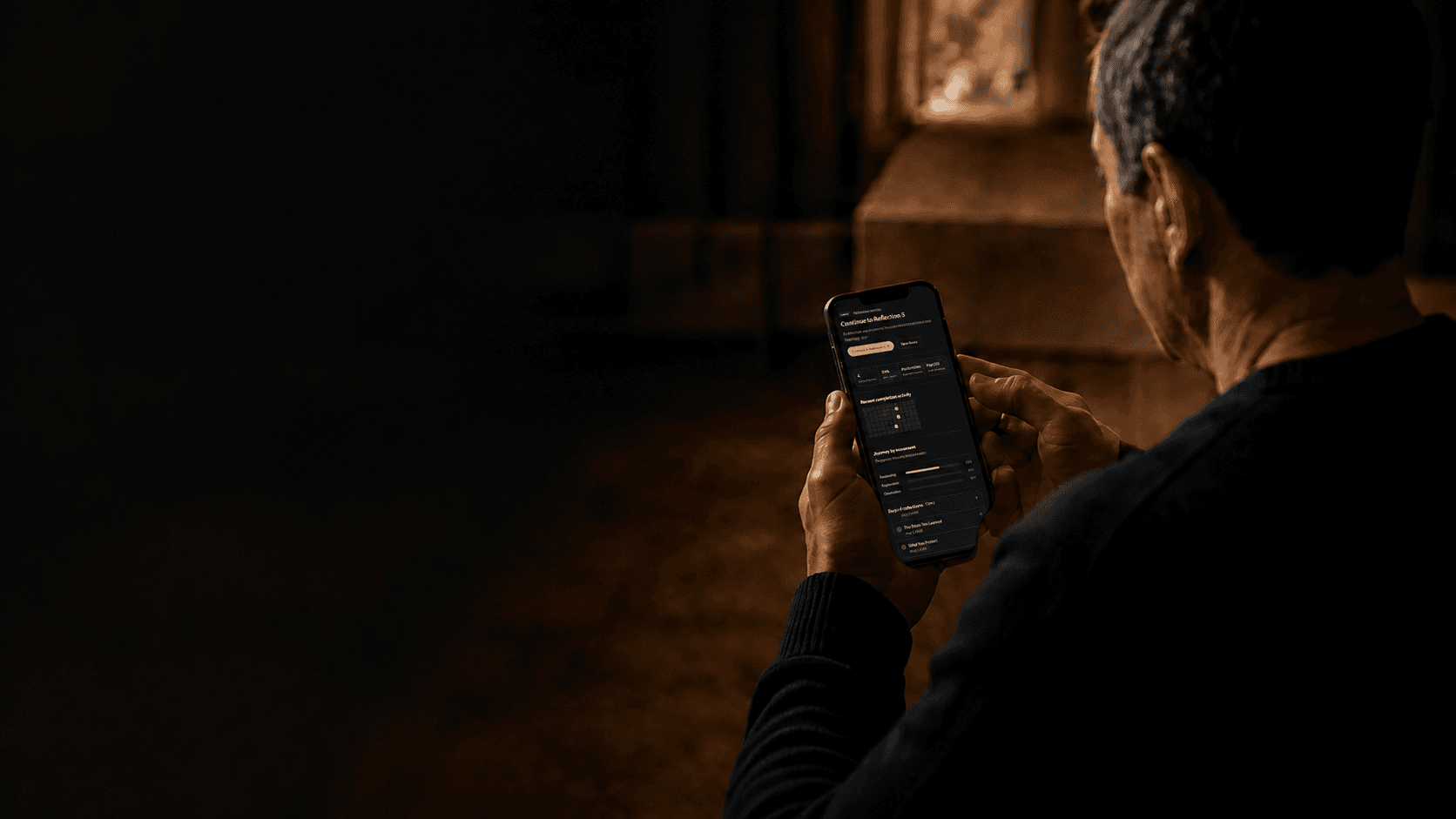 A person reviewing the current Lumen dashboard on a phone in a quiet, warm room