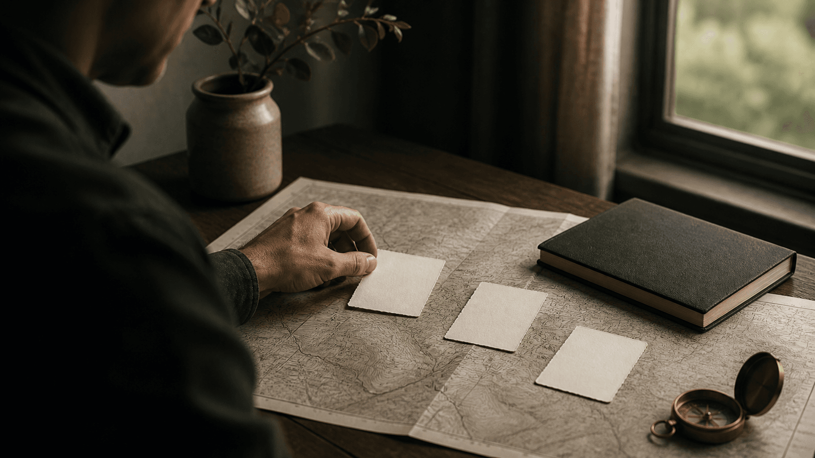 A person arranging three ivory cards on a map beside a journal and compass