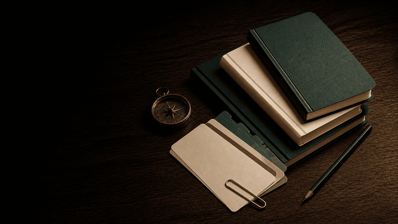 A curated stack of forest-green and ivory field guides with reference cards, a compass, and a green pencil