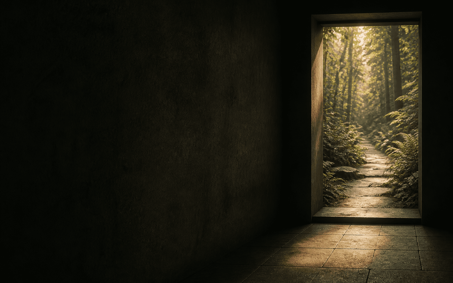 A clear doorway opening onto a quiet forest path